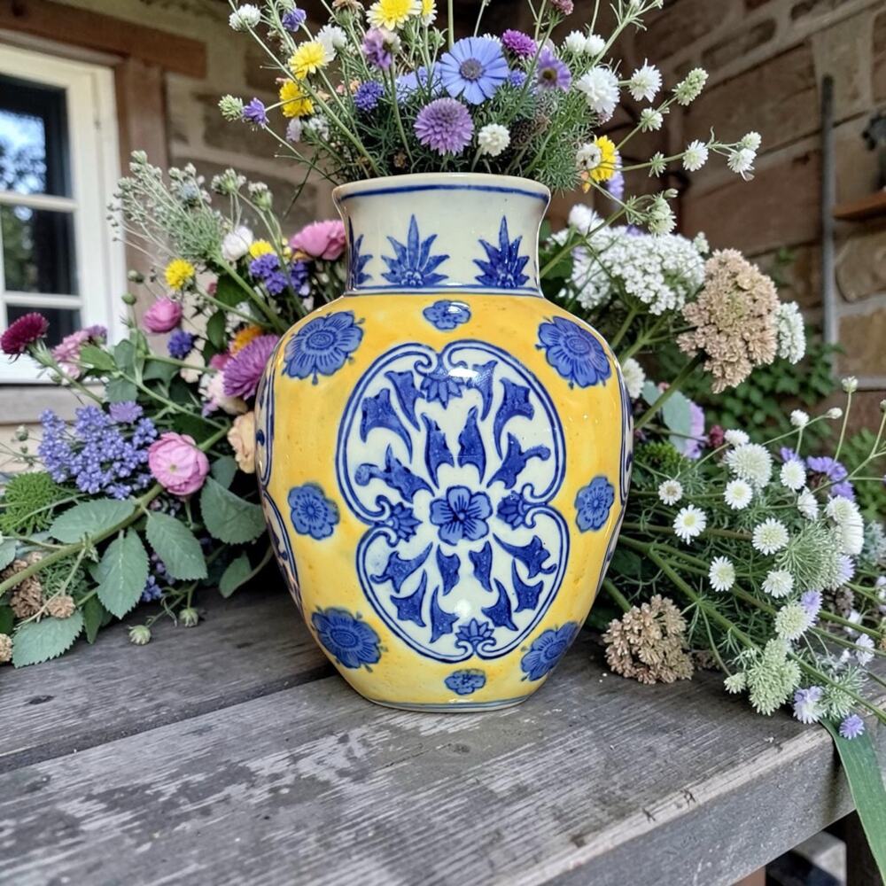 Vintage Chinoiserie Yellow & Blue Porcelain Floral Vase 8" Hand Painted Decor